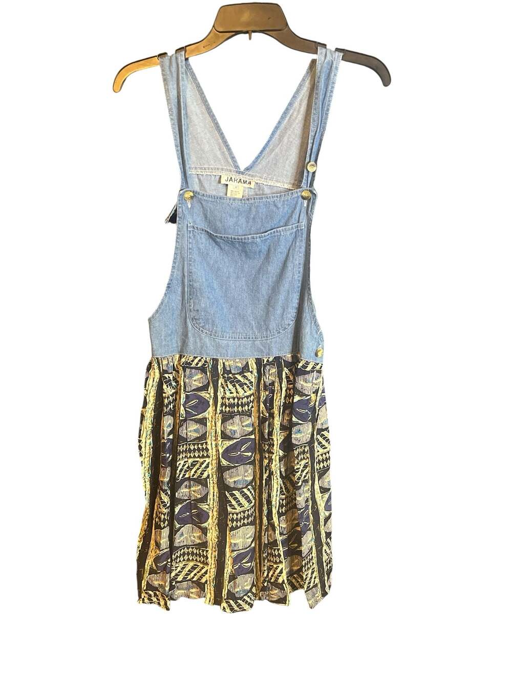 Jakama Vintage Denim and Patterned Rayon Overall Pinafore Dress Size M